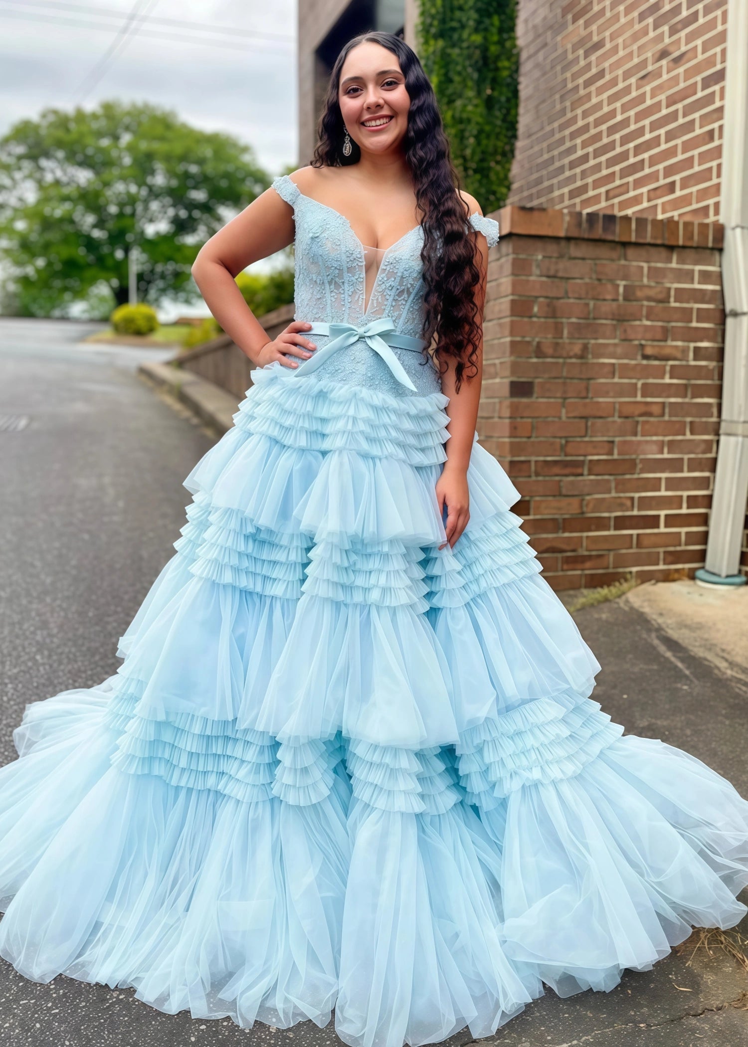 Cornelia | Long Light Pink Prom Dress Tulle With Princess A Line Off the Shoulder Ruffles - Sky Blue - US0 - PromDressClub