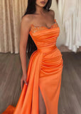 Crystal |Mermaid Evening Gown Sexy Dress Sleeveless Strapless Satin Prom Dress with Slit Pure Color - Orange - US0 - PromDressClub