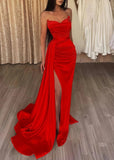 Crystal |Mermaid Evening Gown Sexy Dress Sleeveless Strapless Satin Prom Dress with Slit Pure Color - Red - US0 - PromDressClub