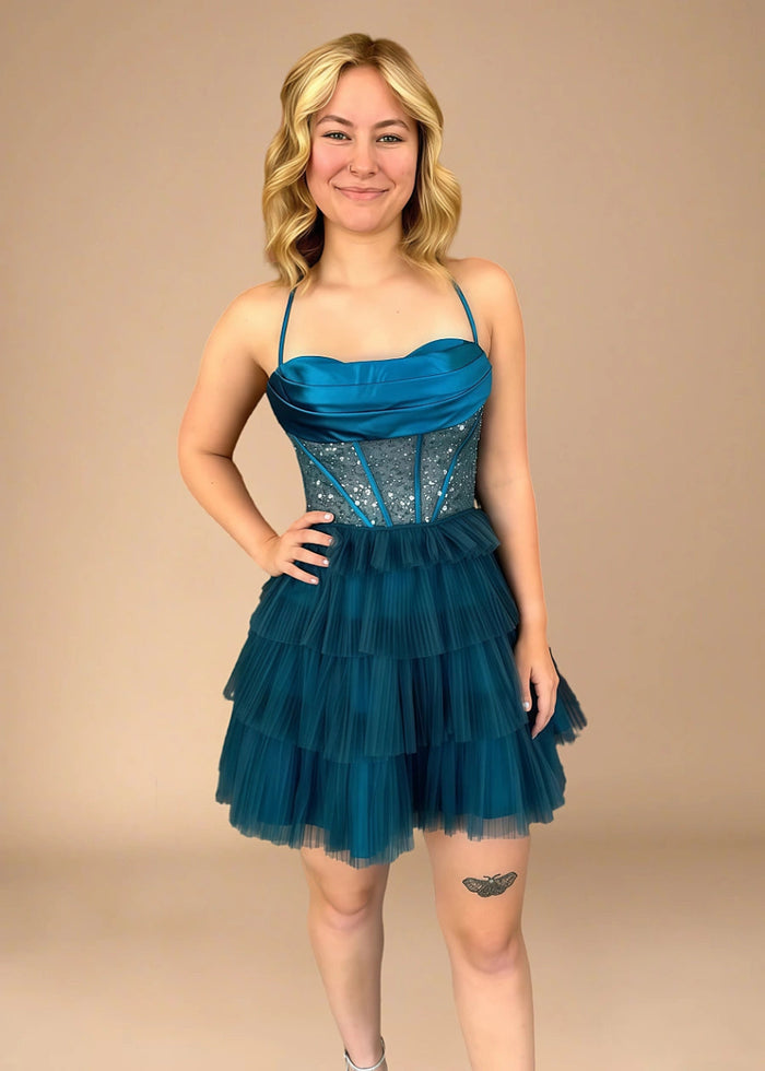 Cyane | Command Attention: Teal Homecoming Dress with Corset & Cascading Pleats - Teal - PromDressClub