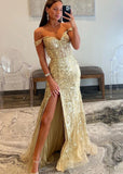 Cynthia |Mermaid Gold Sequin Lace Off the Shoulder Long Prom Dress With Slit - Gold - US0 - PromDressClub