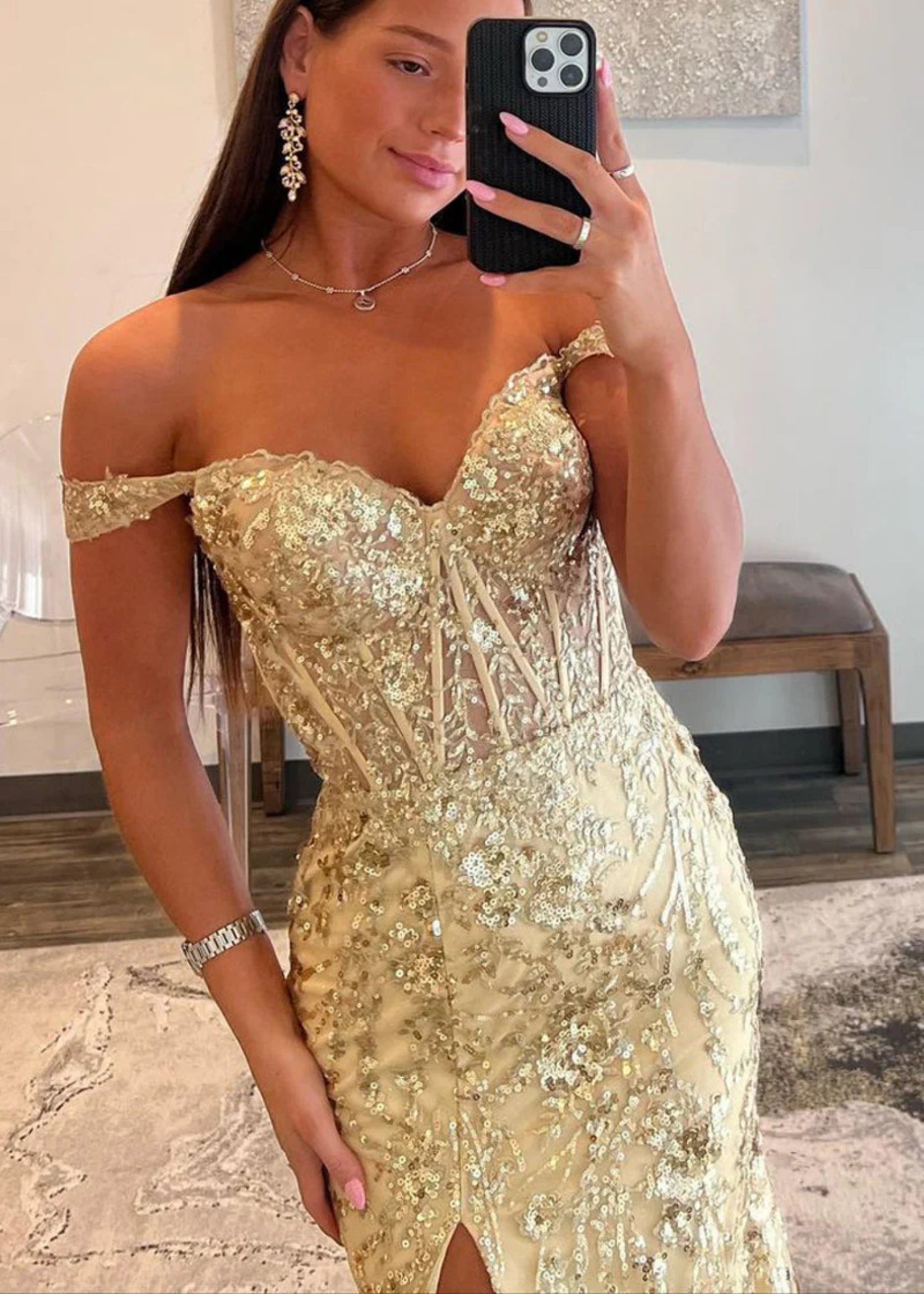 Cynthia |Mermaid Gold Sequin Lace Off the Shoulder Long Prom Dress With Slit - Gold - US0 - PromDressClub