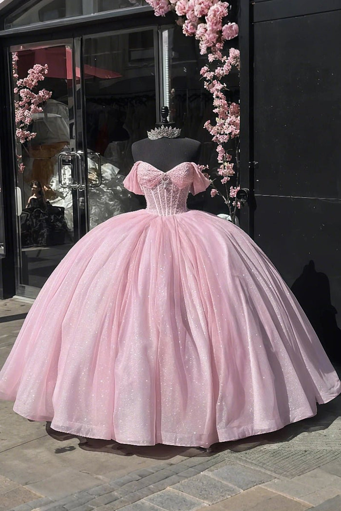 Dahlia | Stunning Pink and Purple Quinceanera Dresses - Sparkling Off the Shoulder Ball Gown - Pink - PromDressClub