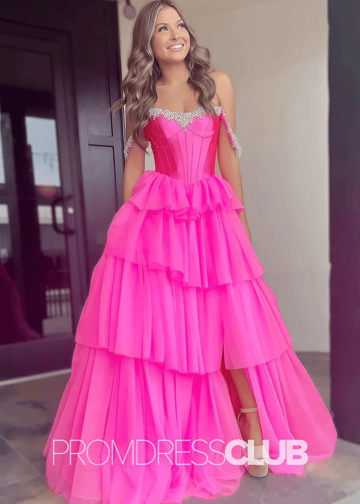 Daisy |Hot Pink Prom Dress Long A Line Tulle Tiered Corset Beaded with Slit - Hot Pink - PromDressClub