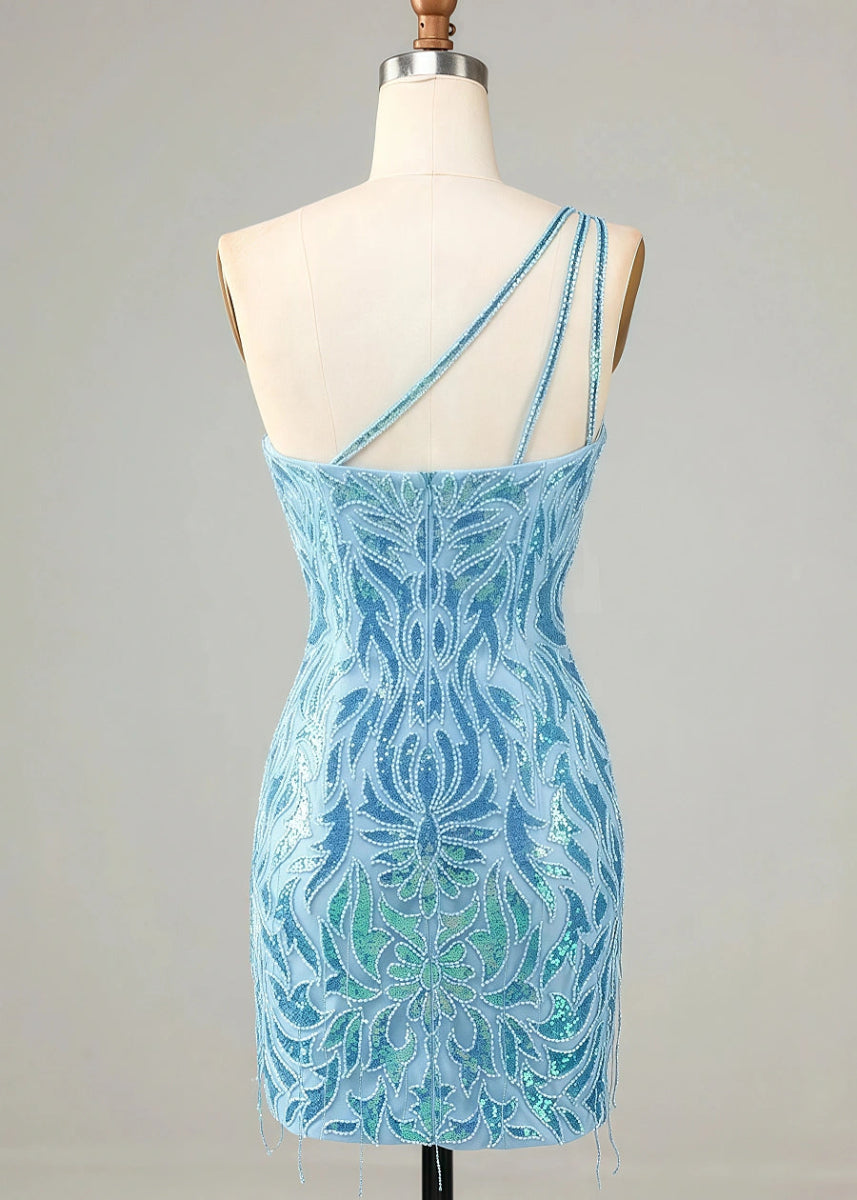 Danicael | Beaded 1 Shoulder Homecoming Dress for Unforgettable Nights - Discover Your Dream Look! - Light Blue - PromDressClub