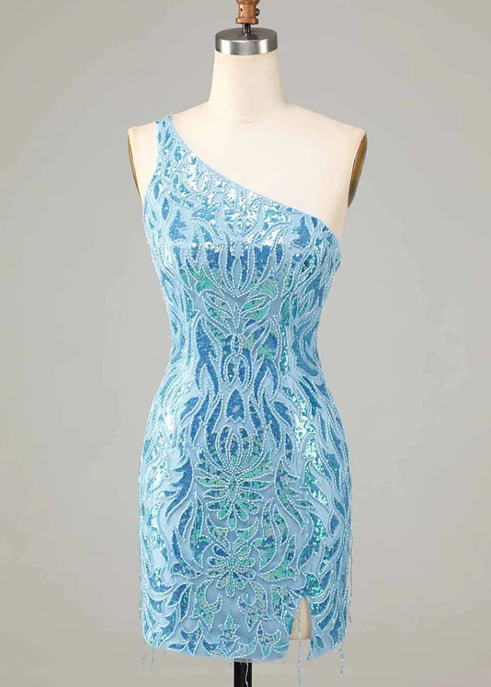 Danicael | Beaded 1 Shoulder Homecoming Dress for Unforgettable Nights - Discover Your Dream Look! - Light Blue - PromDressClub