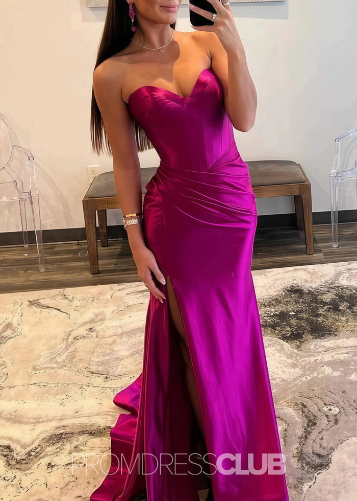 Daphne |Long Gold Prom Dress Satin With Mermaid Sweetheart Pleated Slit - Fuchsia - PromDressClub