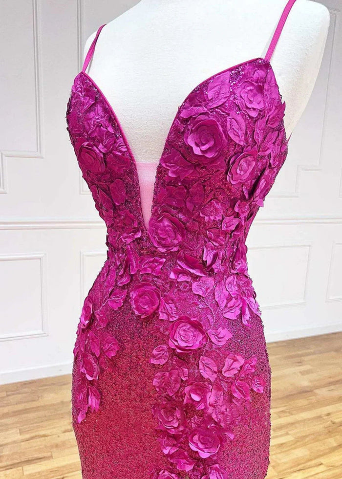 Daphne | Long Orange Prom Dress Sequins With Mermaid V Neck 3D Flower Slit - Fuchsia - PromDressClub