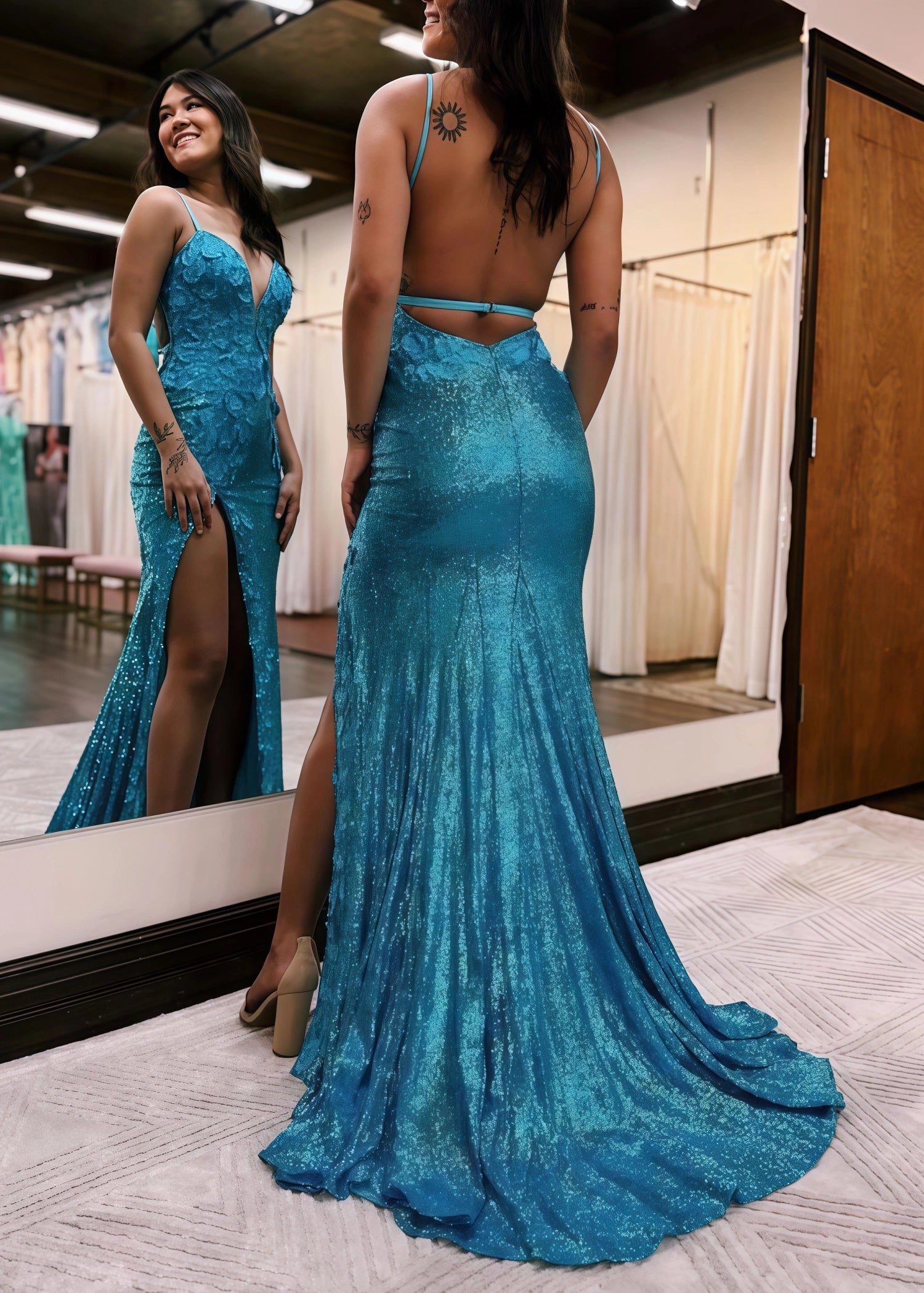 Daphne | Long Orange Prom Dress Sequins With Mermaid V Neck 3D Flower Slit - Price #price_variant_lowest# - Peacock - PromDressClub