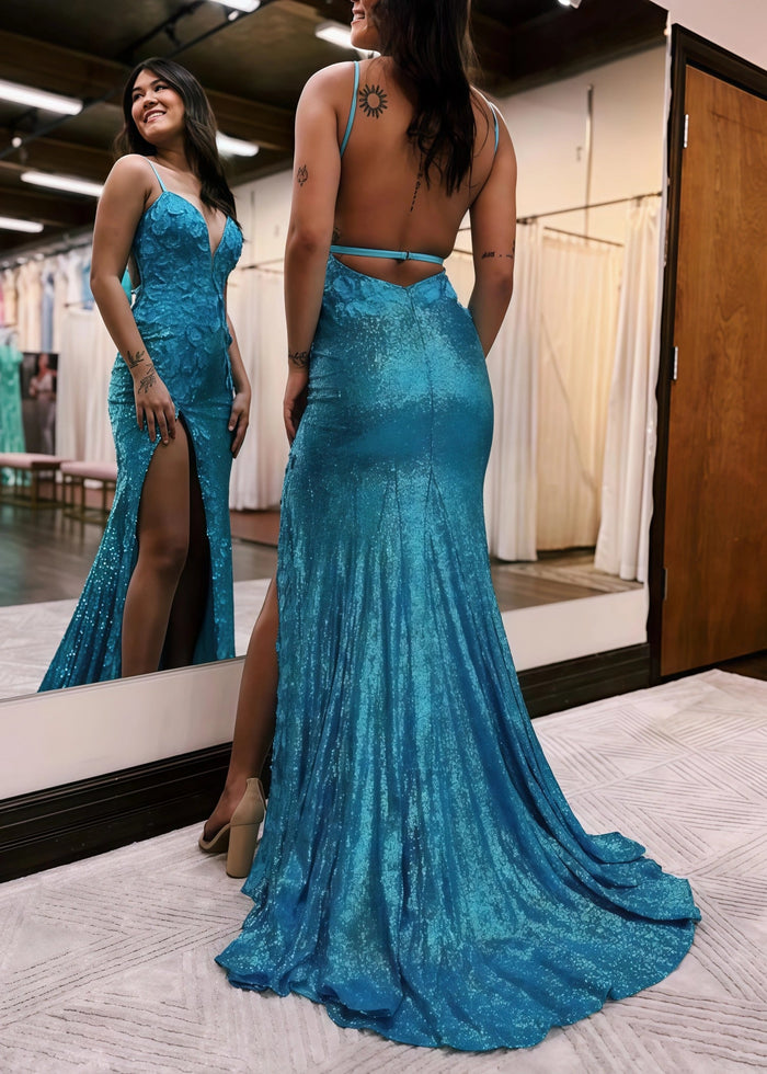 Daphne | Long Orange Prom Dress Sequins With Mermaid V Neck 3D Flower Slit - Price #price_variant_lowest# - Peacock - PromDressClub