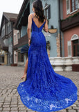 Daphne |Mermaid V neck Royal Blue Spaghetti Straps Lace Long Corset Prom Dress with Slit - Royal Blue - US0 - PromDressClub