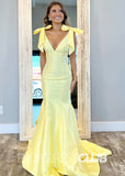 Daphne |Yellow Prom Dresses Long Mermaid V Neck Beaded with Bow - Yellow - PromDressClub