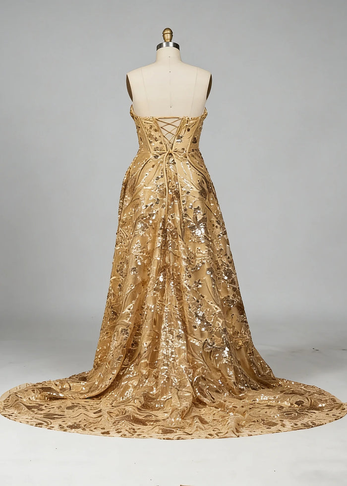 Dara Glitter Gold Strapless Prom Dress | A - Line Sweetheart Neckline Sequin Cocktail Dress with Slit - Gold - PromDressClub