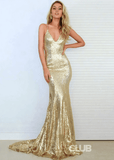 Darlene | Gold Prom Dress Sequins With Mermaid V Neck Court Train Pleated - Gold - US0 - PromDressClub