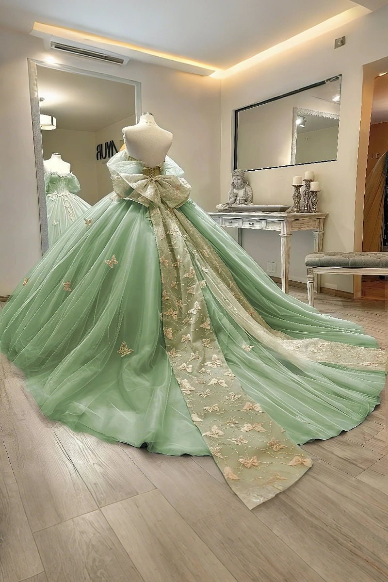 Dawn | Stunning Sage Green Butterfly Quinceanera Dresses with Bows – Perfect for Special Occasions - Sage - PromDressClub