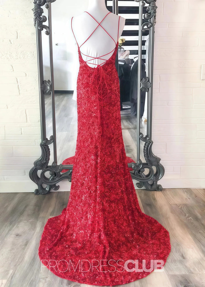 Deborah |Long Hot Pink Prom Dress Sequins With Meimaid Spaghetti Straps Slit - Red - PromDressClub