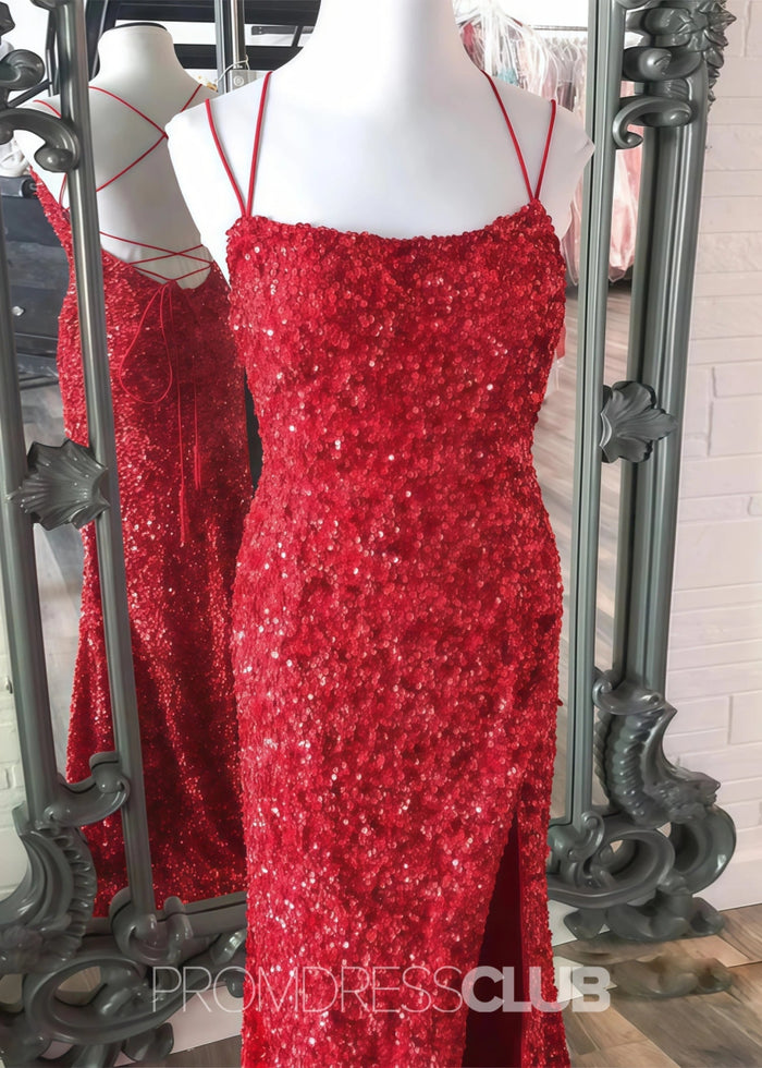 Deborah |Long Hot Pink Prom Dress Sequins With Meimaid Spaghetti Straps Slit - Red - PromDressClub