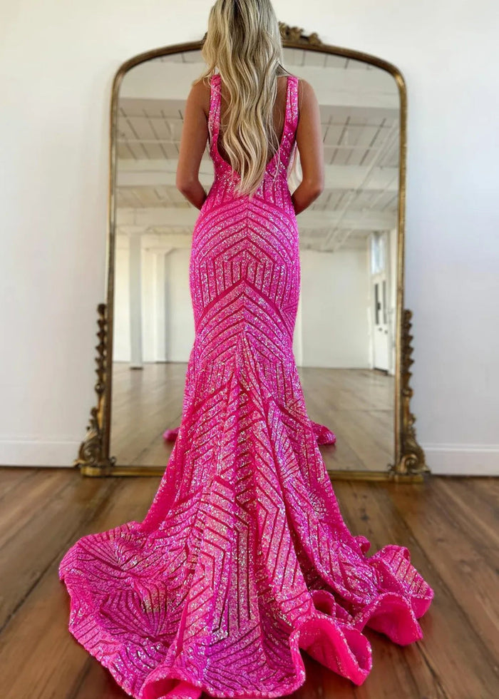 Joyce | Trumpet/Mermaid V Neck Orange White Sequin Prom Dress with Train - Fuchsia - PromDressClub