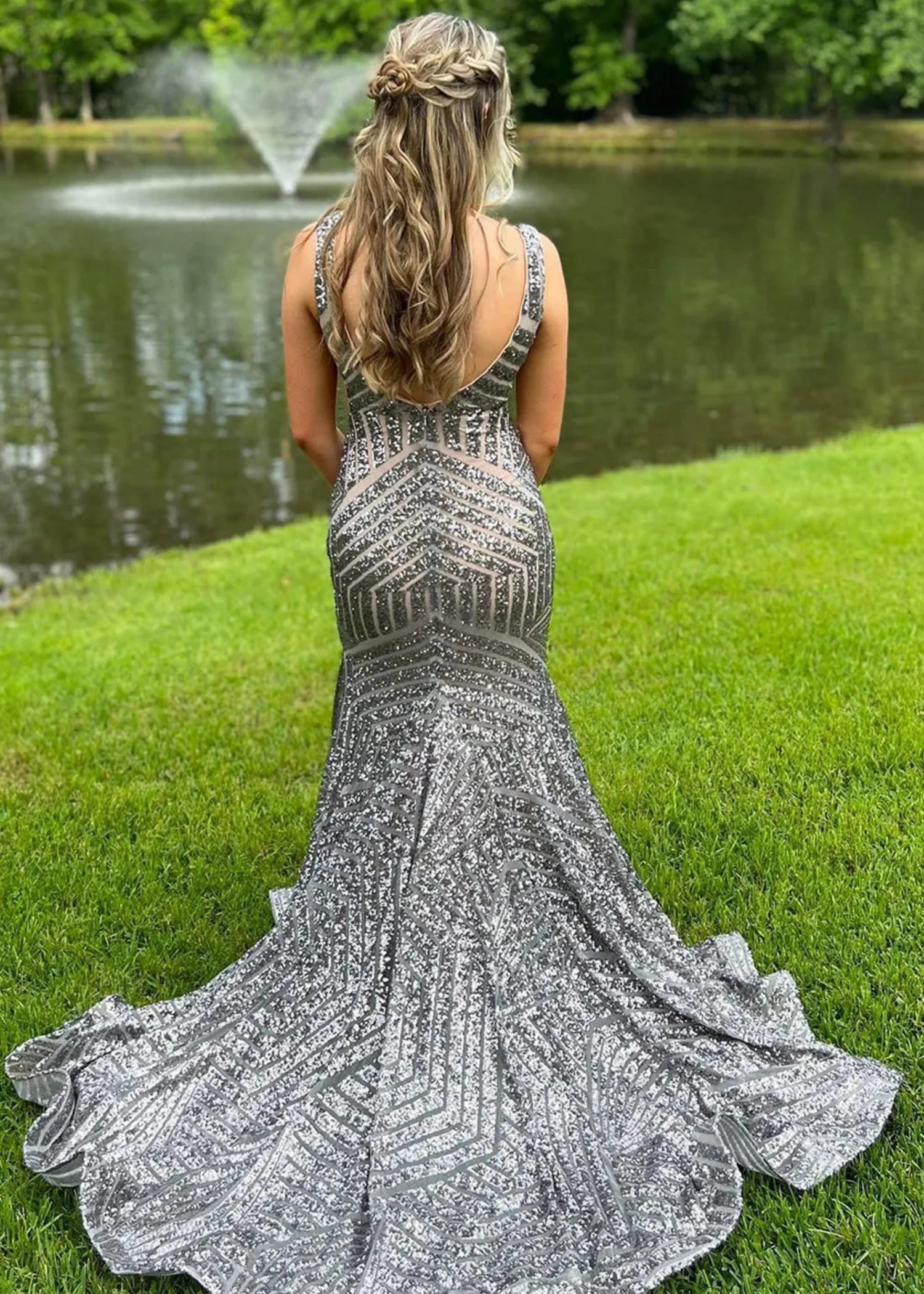 Joyce |Deep V Neck Mermaid Orange Sequins Long Prom Dress with Open Back - Grey - US0 - PromDressClub