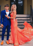 Joyce |Deep V Neck Mermaid Orange Sequins Long Prom Dress with Open Back - Orange - US0 - PromDressClub