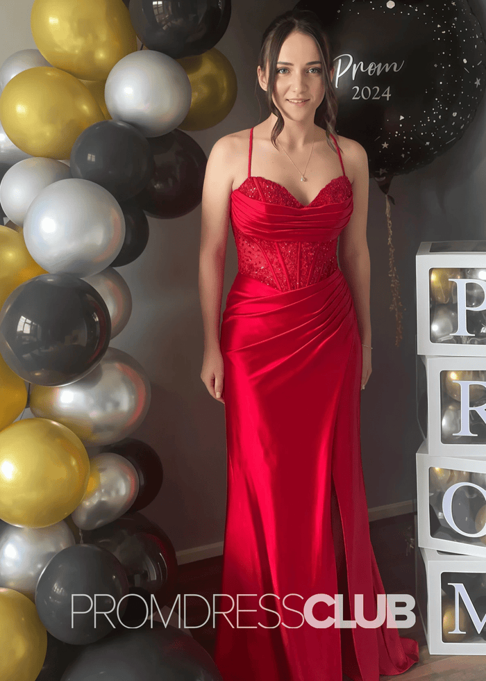 Deirdre |Royal Blue Prom Dresses Long Mermaid Sweetheart Sparkly Corset Pleated with Slit - Red - PromDressClub