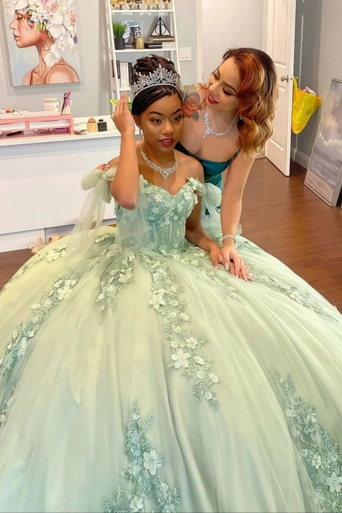 Delia | Sage Green Flower Quinceanera Dresses with Bows – Perfect for Memorable Celebrations - Sage - PromDressClub