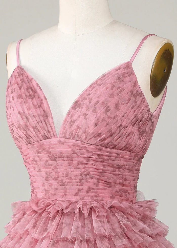 Demelza | Stunning Pink Homecoming Dress: V - Neck & Layered Ruffled Tulle - Blush Floral - PromDressClub