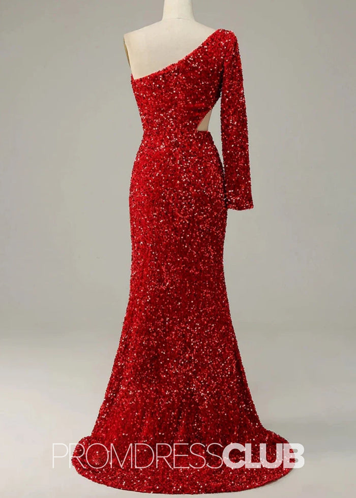 Denise |Long Red Prom Dress Sequins With Mermaid One Shoulder Silt - Price #price_variant_lowest# - Red - PromDressClub