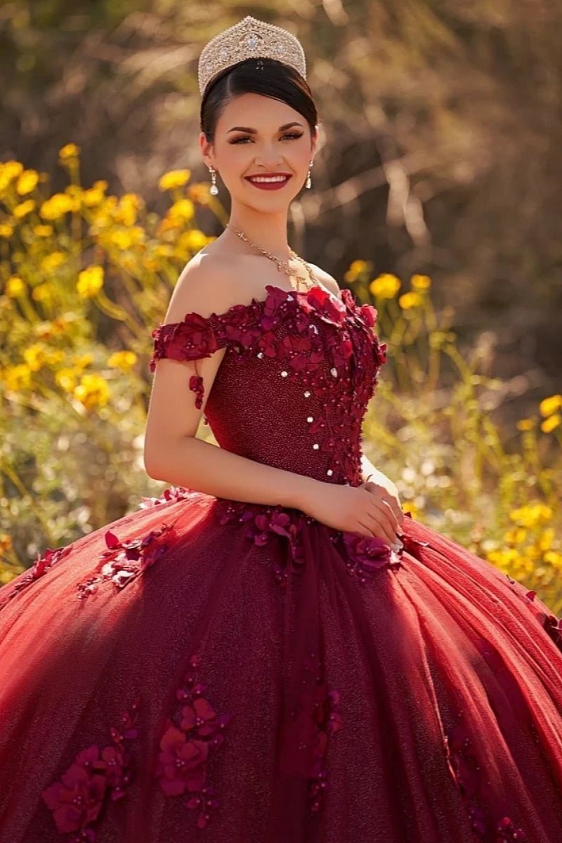 Desiree | Burgundy Flower Quinceanera Dresses Off the Shoulder : A Blend of Grace and Glamour - Burgundy - PromDressClub