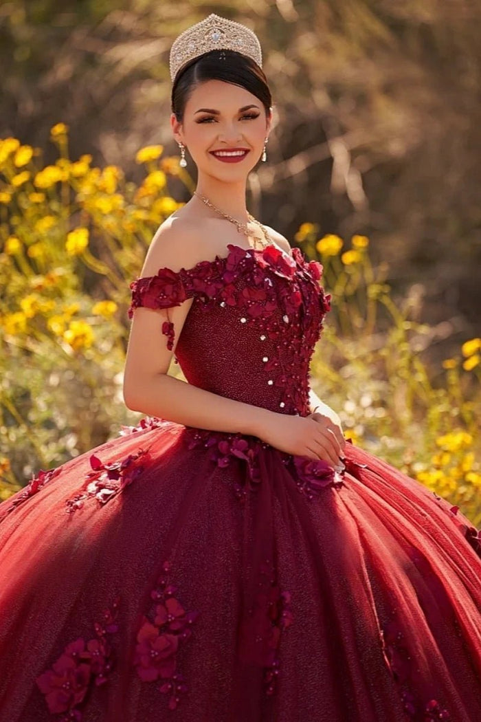 Desiree | Burgundy Flower Quinceanera Dresses Off the Shoulder : A Blend of Grace and Glamour - Burgundy - PromDressClub