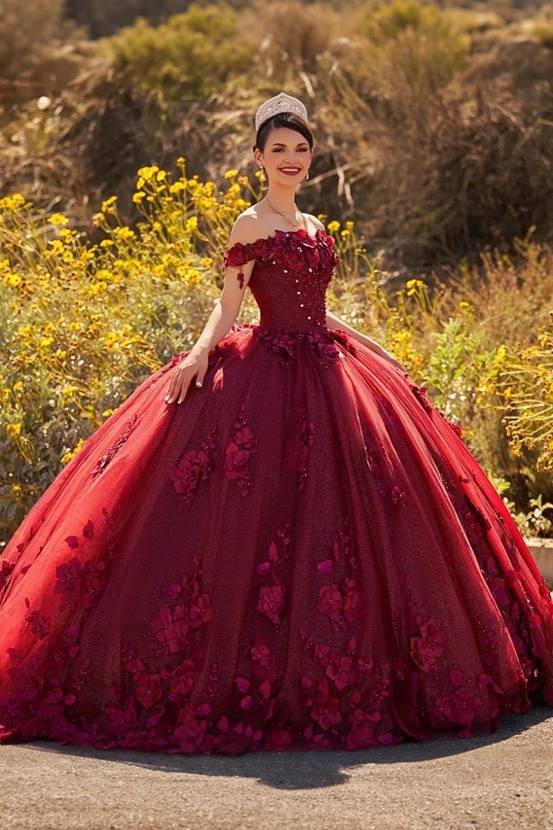 Desiree | Burgundy Flower Quinceanera Dresses Off the Shoulder : A Blend of Grace and Glamour - Burgundy - PromDressClub