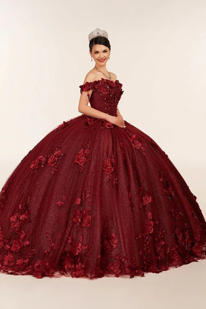 Desiree | Burgundy Flower Quinceanera Dresses Off the Shoulder : A Blend of Grace and Glamour - Burgundy - PromDressClub