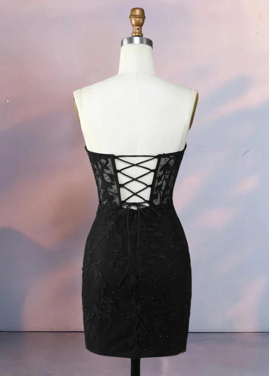 Despina | Dazzle in Black: Lace Short Strapless Homecoming Dress with Sparkling Details - Black - PromDressClub