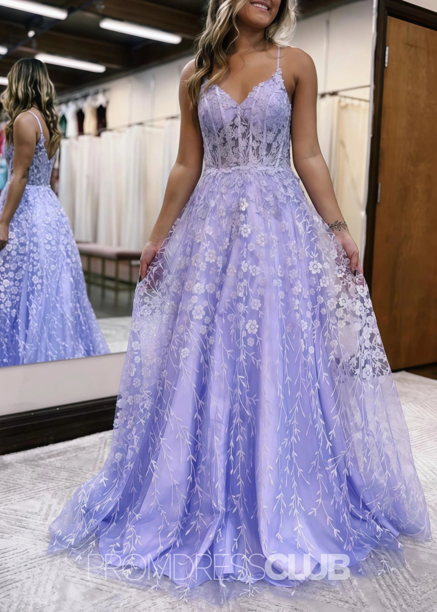 Diana |Long Gold Prom Dress Lace With A Line Spaghetti Straps Appliques - Lilac - PromDressClub