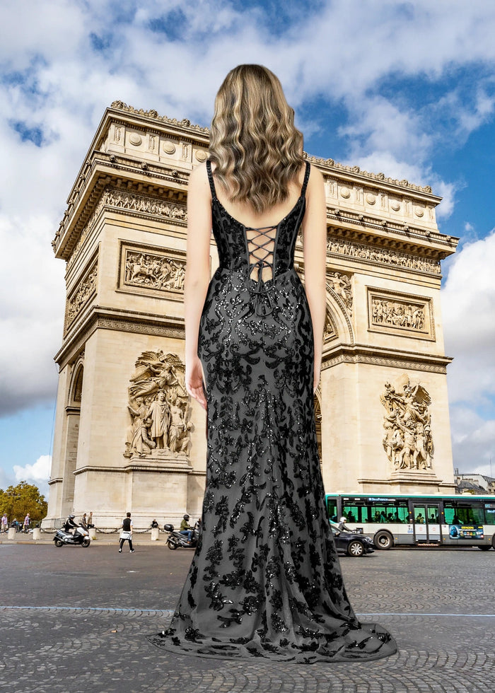 Diana | Black and Purple Mermaid Sequin Corset Prom Dress with Slit - Black - PromDressClub