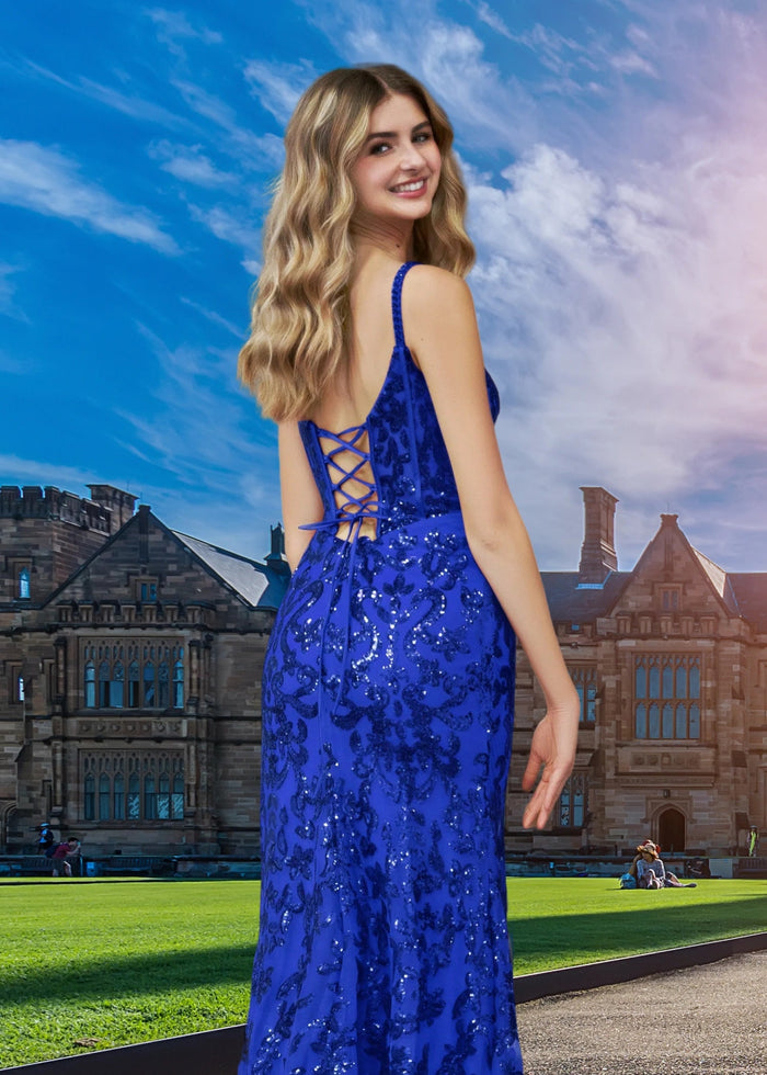 Diana | Black and Purple Mermaid Sequin Corset Prom Dress with Slit - Royal Blue - PromDressClub