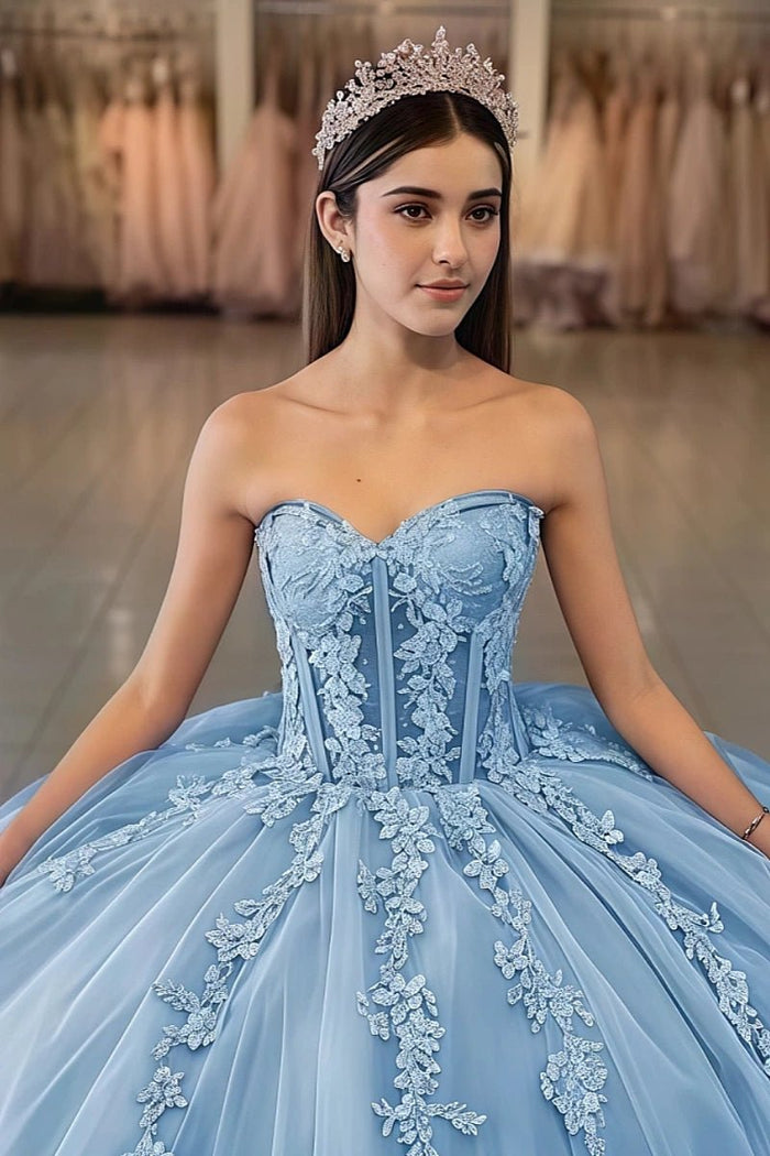 Dolores | Exquisite Lavender Flower Strapless Corset Quinceanera Dresses - Light Blue - PromDressClub