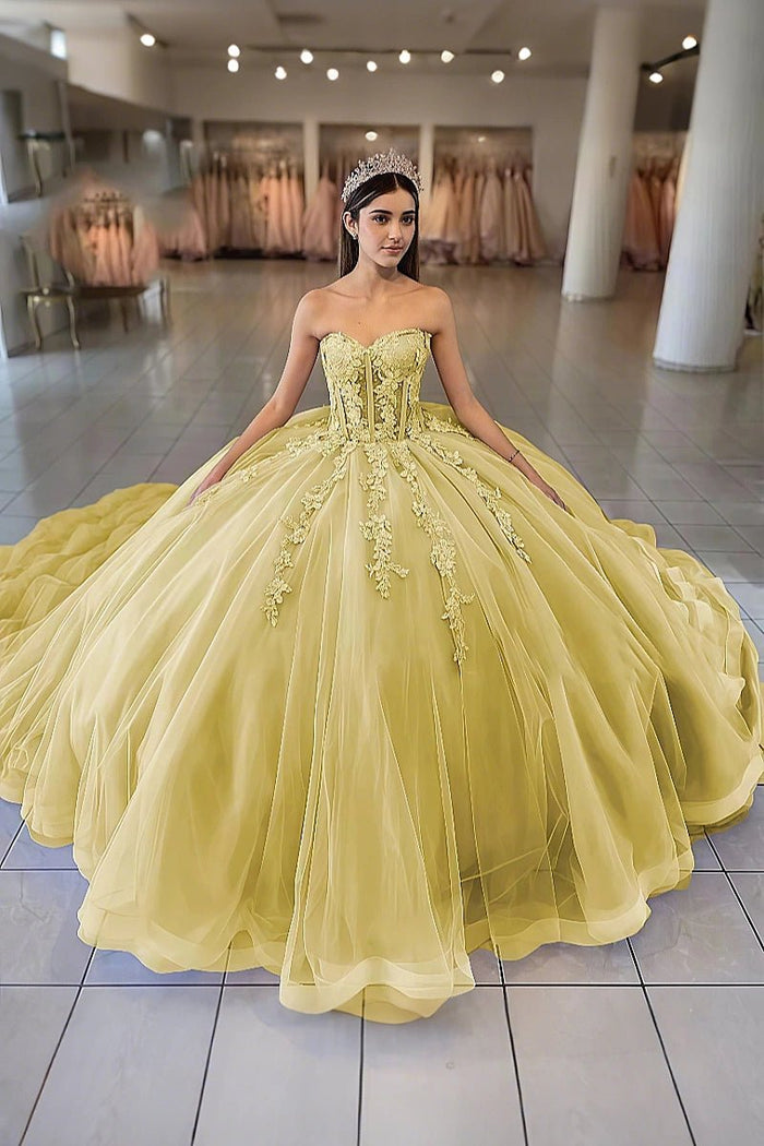 Dolores | Exquisite Lavender Flower Strapless Corset Quinceanera Dresses - Yellow - PromDressClub