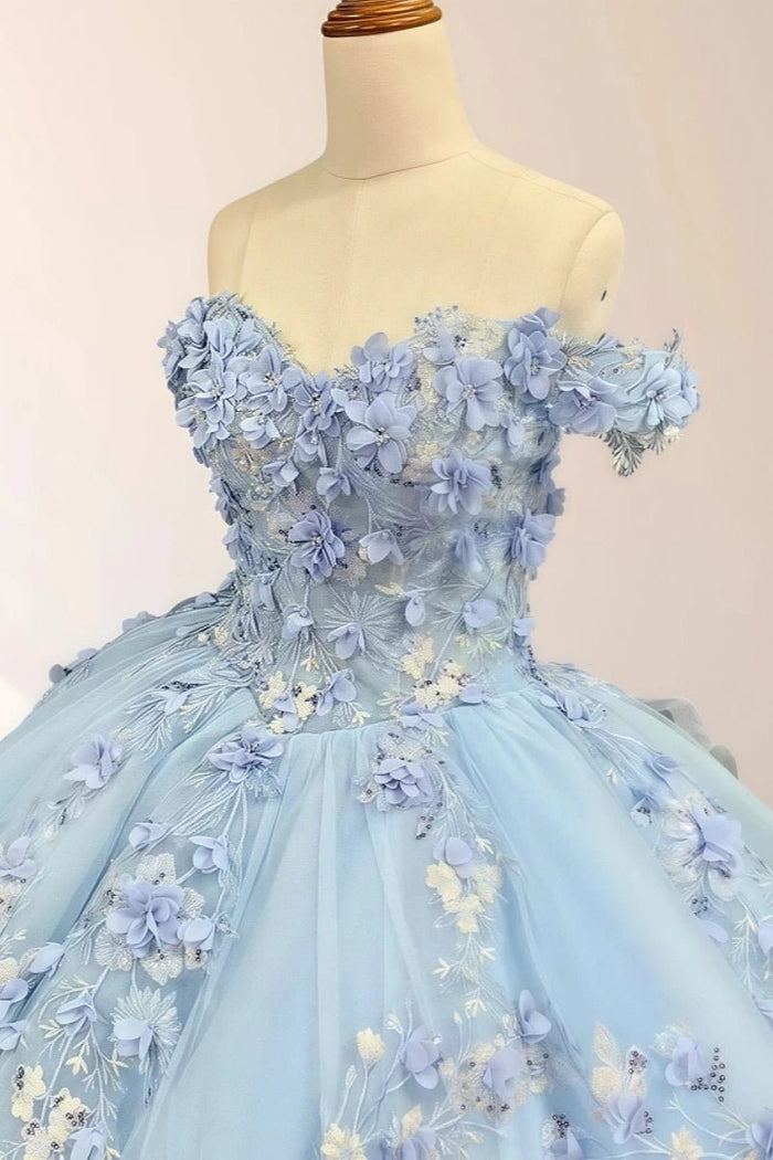 Dolores | Gorgeous Light Blue Quinceanera Flower Dresses Off the Shoulder - Exquisitely Designed & Utterly Enchanting - Light Blue - PromDressClub