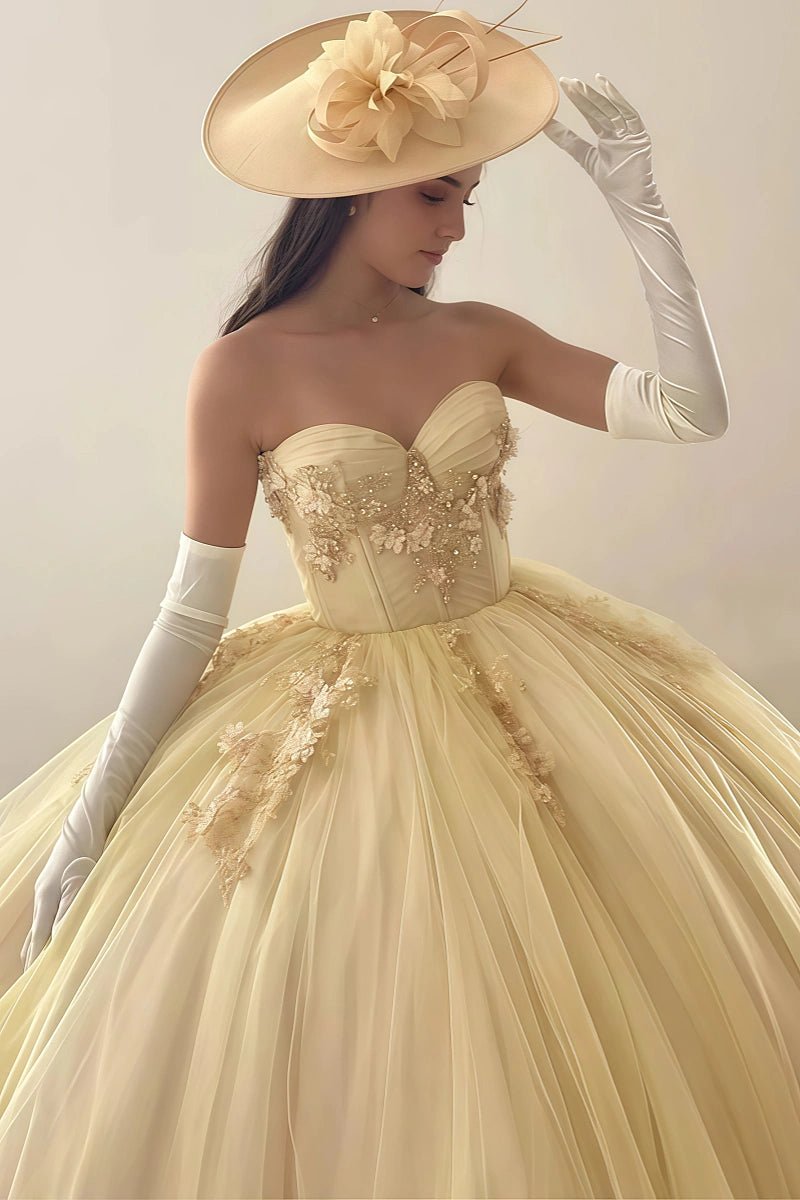Dominique | Dream Gold Quinceañera Dresses: Timeless Strapless & Corset Styles - Gold - PromDressClub