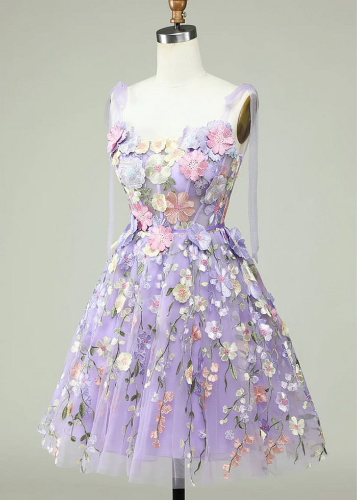 Domino | Stand Out in Enchanting Flower Homecoming Dresses This Season - Light Purple Floral - PromDressClub
