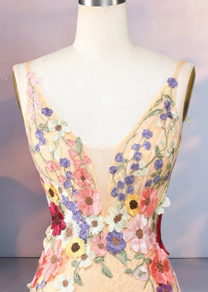 Domizia | Stunning Flower Homecoming Dresses That Wow at First Sight - Champagne Floral - PromDressClub