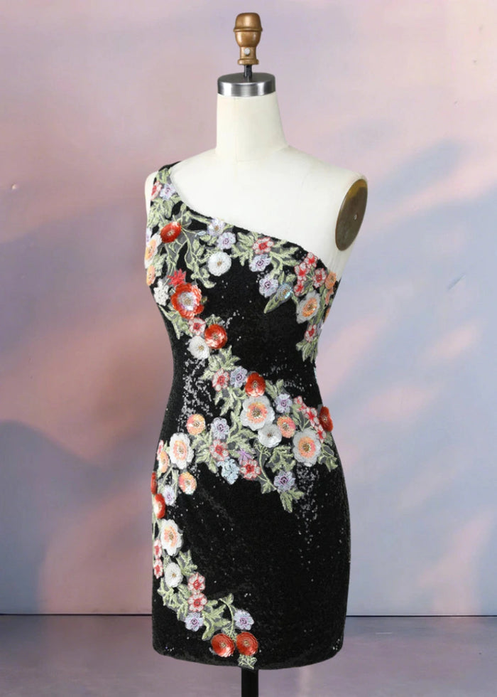 Dondola | Get Noticed in This Black Floral Homecoming Dress with Sequins - Black Floral - PromDressClub