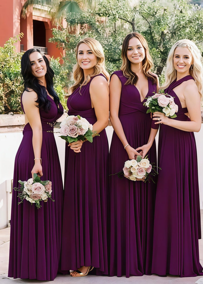 Donna | Lavish Looks Infinity Dark Purple Chiffon Maxi Bridesmaid Dress with Multiway Convertible - Price #price_variant_lowest# - Dark Purple - PromDressClub