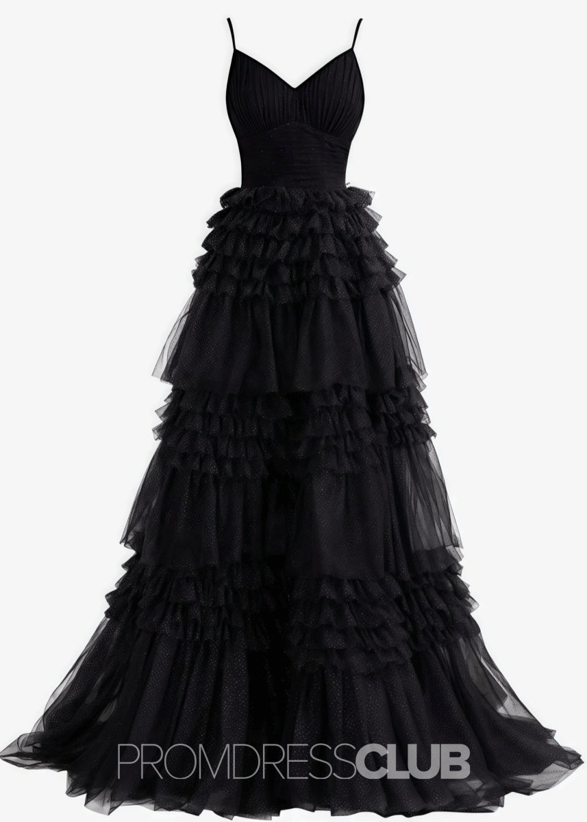 Donna |Long Black Prom Dress Glitter Tulle With A Line Deep V Neck Tiered - Black - PromDressClub