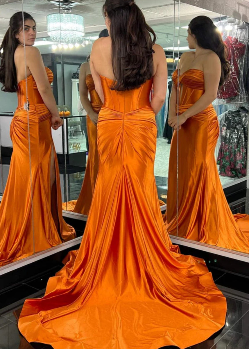 Donna | Mermaid Strapless Emerald Green and Blue Corset Prom Dress Split with Train - Orange - PromDressClub