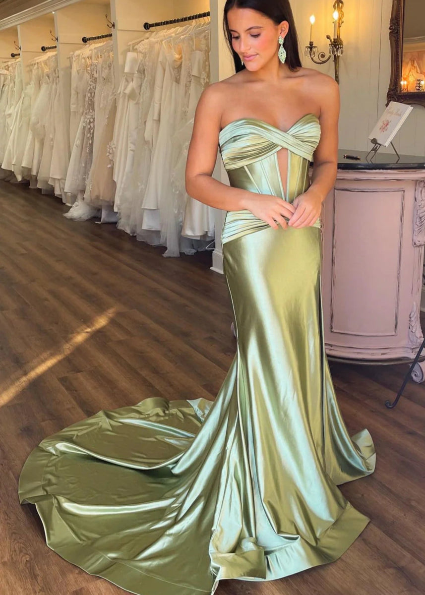 Donna | Mermaid Strapless Emerald Green and Blue Corset Prom Dress Split with Train - Sage Green - PromDressClub