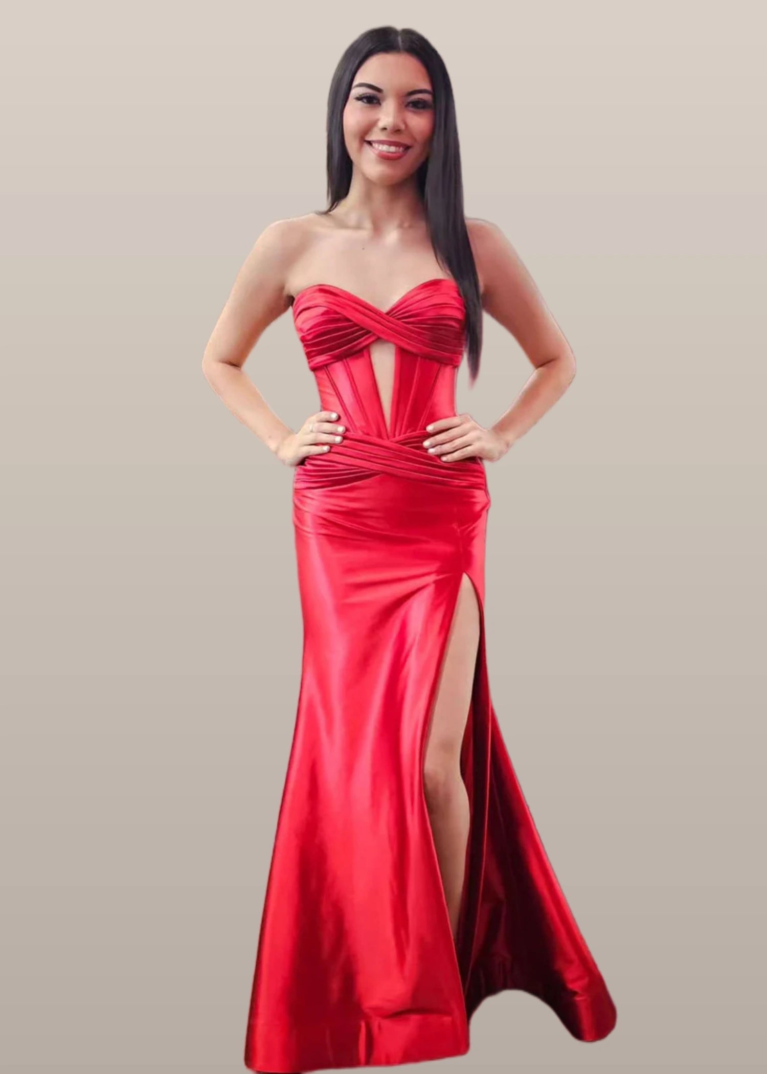 Donna |Mermaid Sweetheart Green Satin Long Prom Dress With Slit - Red - US0 - PromDressClub