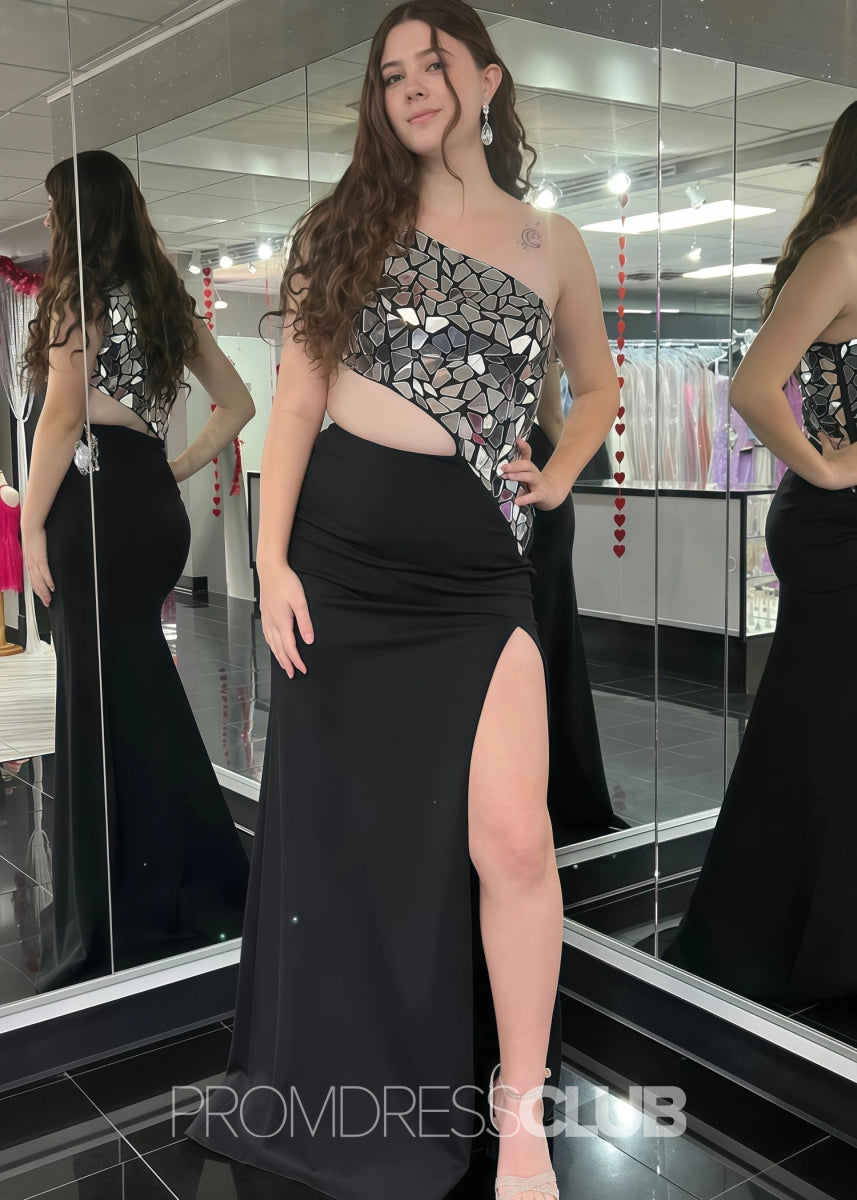 Doreen |Plus Size Black Prom Dress With Long Mermaid Sheath One Shoulder Cut Mirror Sequins - Black - PromDressClub