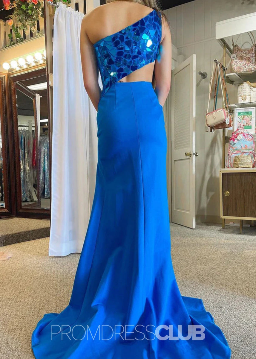 Doreen |Plus Size Black Prom Dress With Long Mermaid Sheath One Shoulder Cut Mirror Sequins - Blue - PromDressClub